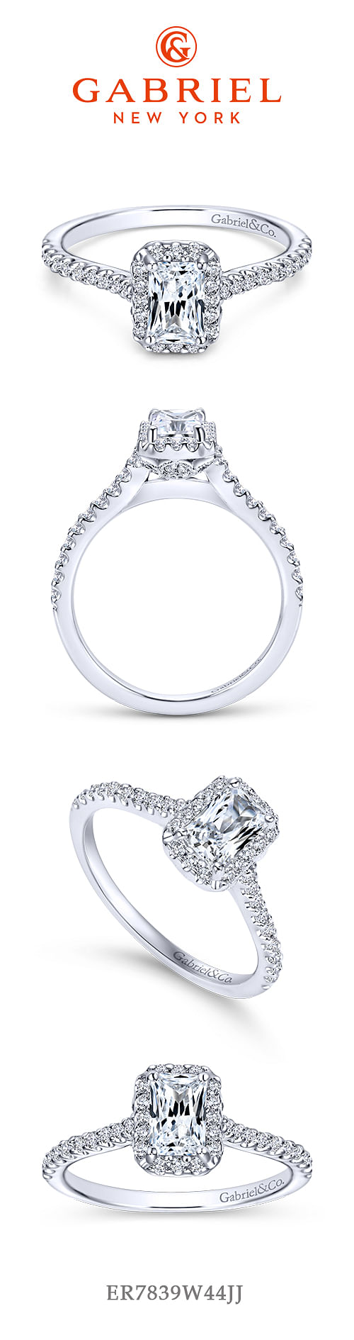14K White Gold Emerald Halo Diamond Engagement Ring angle 